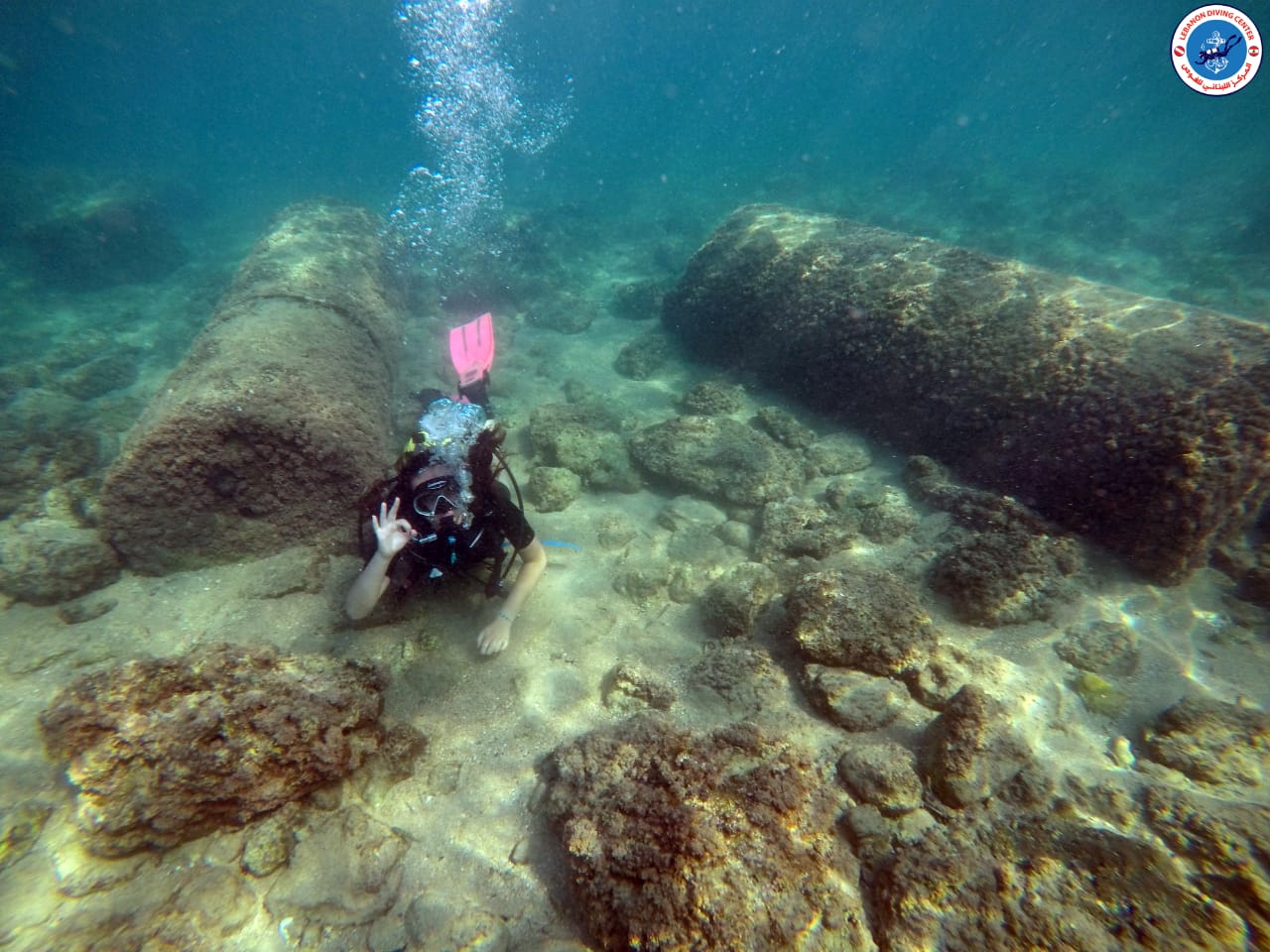 A diver swimming among the ruins of Tyre.