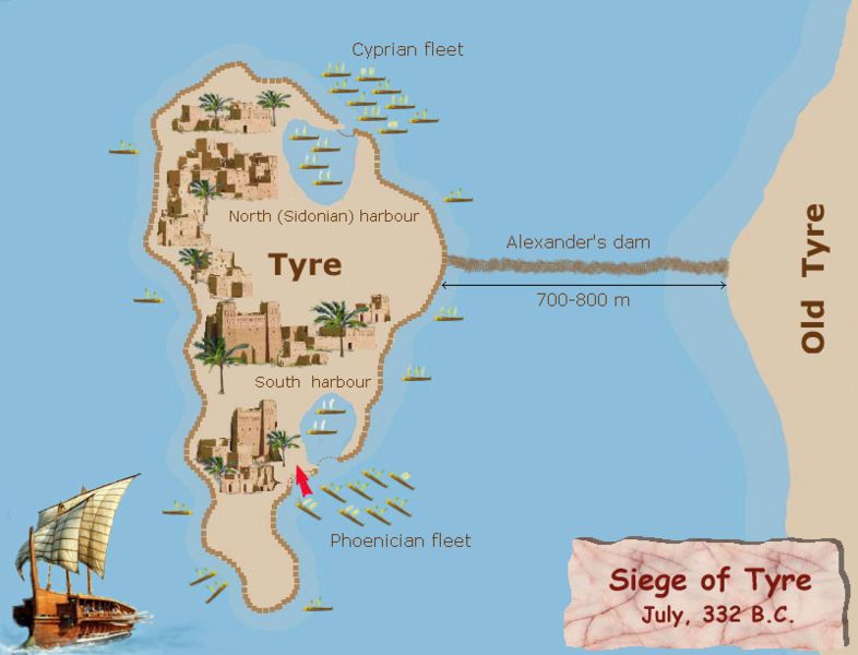 Map of the siege of Tyre, old mainland Tyre connected to island Tyre.