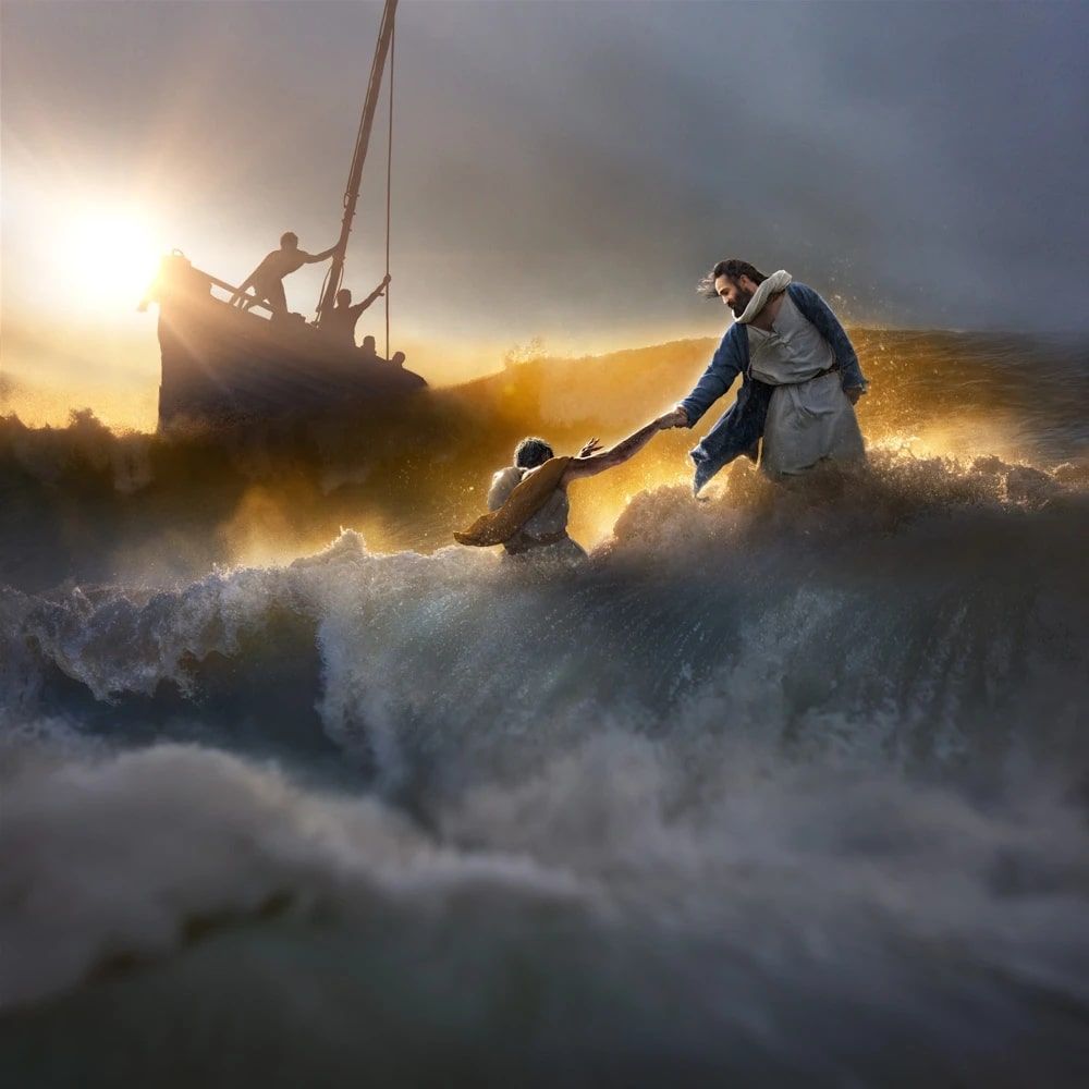 Jesus Christ saving sinking Peter from the water.